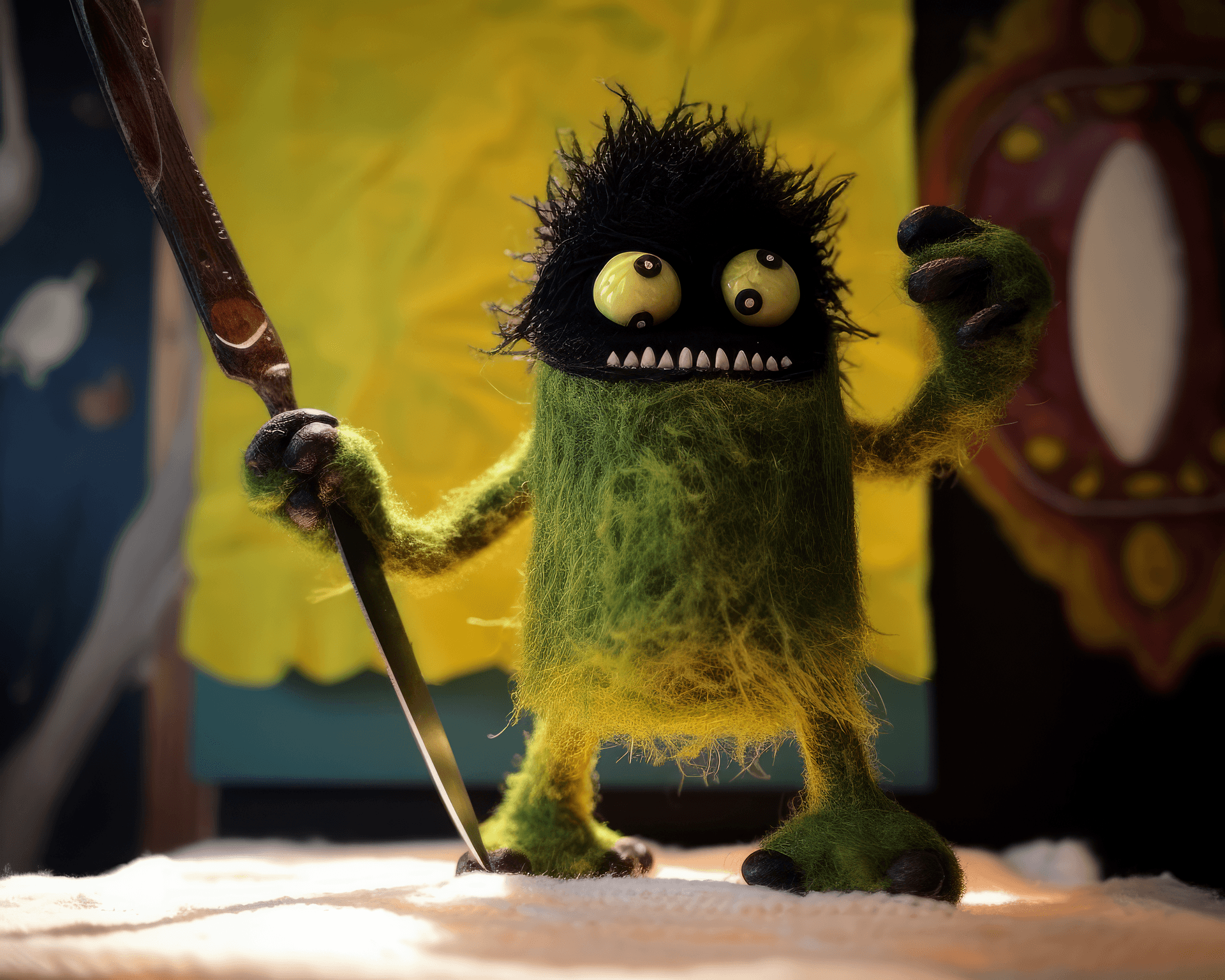 AI generated: a photo of a green monster with a sword reaching out to it, in the style of textile installation, su...