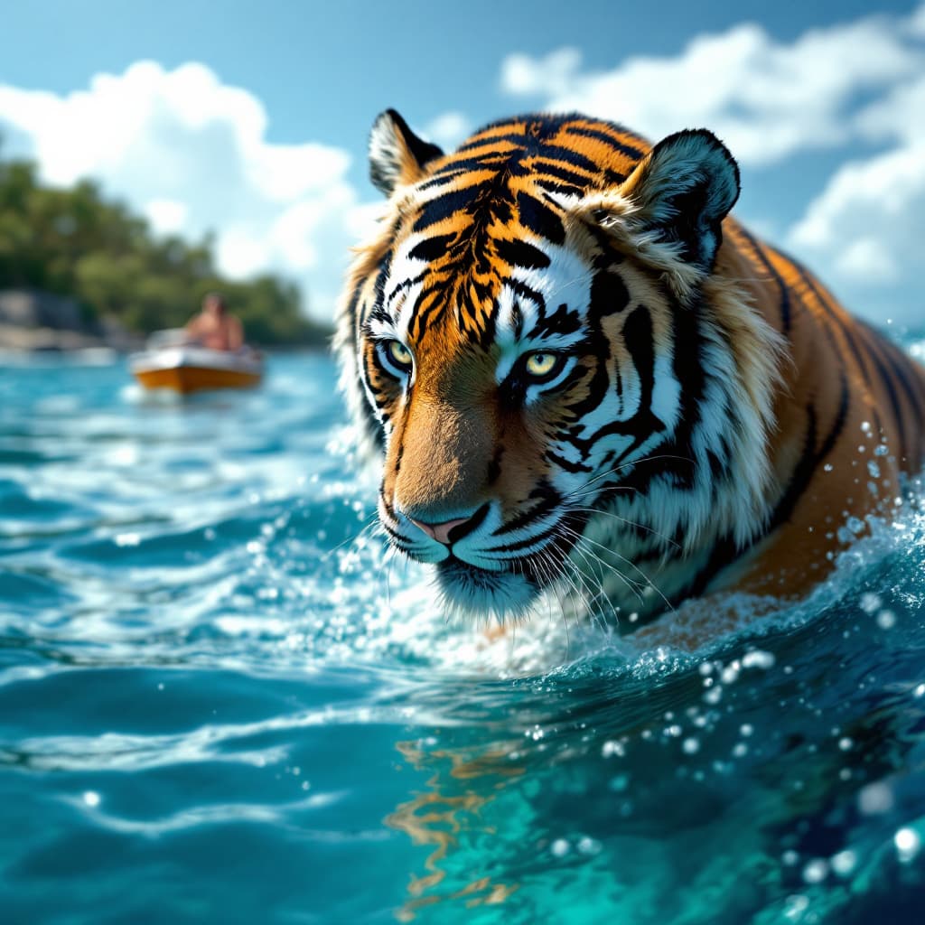 AI generated: Beautiful girl face in tiger body but human face and 
swim on the sea following up a boat