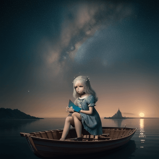 AI generated: girl sitting on the small boat floating in the sky surrounded by stars, moody sephia and muted tones...