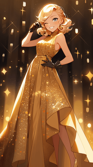 AI generated: waist up, glamorous diva costume, glamorous clothing, sparkling silver clothing, fitted gold medium-...