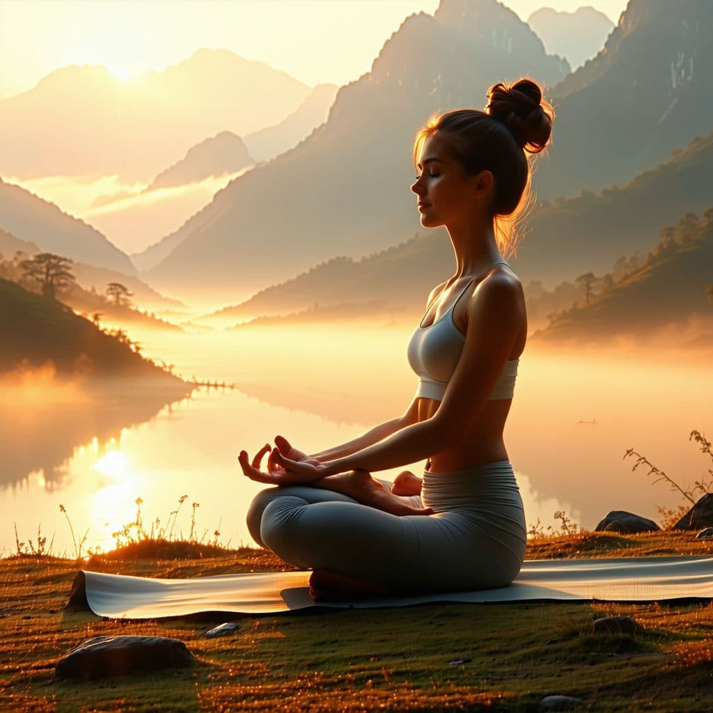 AI generated: Yoga studio poster, serene image of a woman meditating in lotus pose at sunrise, misty mountain back...