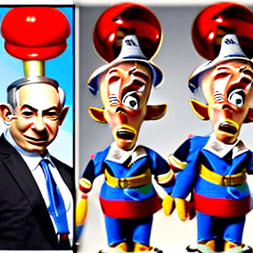 AI generated: Benjamin Netanyahu as Pinocchio Marionettes, cuddly, arrogant, powerful, high fantasy, epic, cinemat...