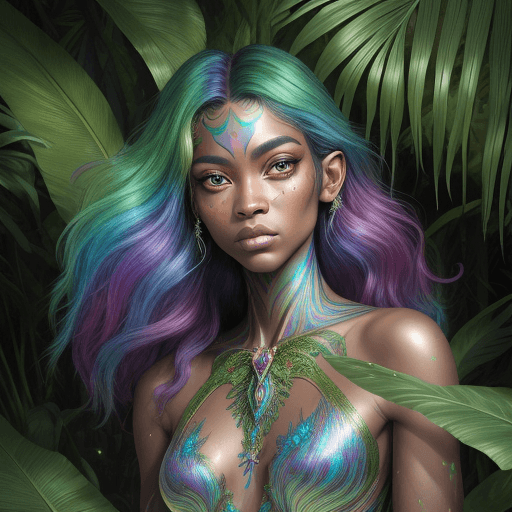 AI generated: This magnificent half human creature with rainbow iridescent skin color, shiny and sparkling, in the...
