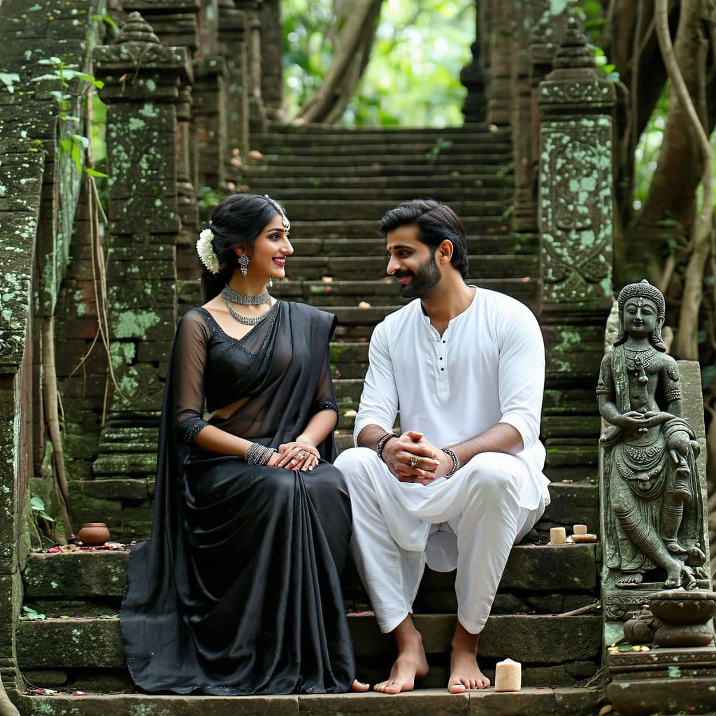 AI generated: Create a serene scene set in an ancient, overgrown temple in a dense forest. A man and woman, dresse...