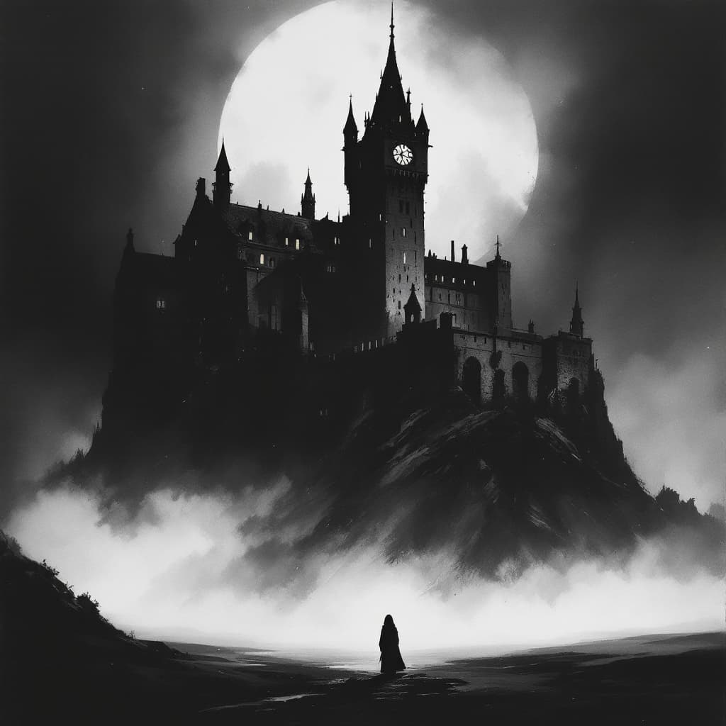 AI generated: A solitary castle portrayed as a Twilight Ink Reverie, where delicate ink washes and bold brushstrok...