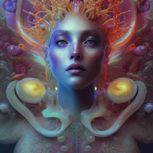 AI generated: Goddess close-up portrait ribcagel. jellyfish phoenix head, nautilus, orchid, skull, betta fish, bio...
