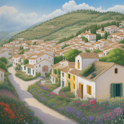 AI generated: Enchantingly beautiful summer landscape of a Spanish village with houses, flowers on the foreground,...
