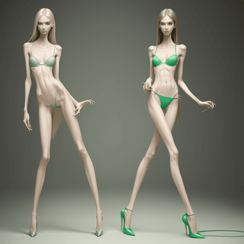 AI generated: photo of an extremely skinny, flat-chested two models with extreme long and skinny legs and long foo...
