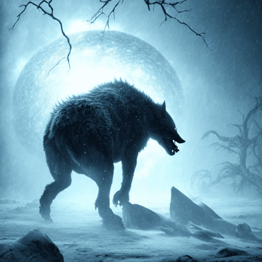 AI generated: Starvation black monster wolves with red eyes, fight in the ice age Scenery, : concept art::1 cyberp...