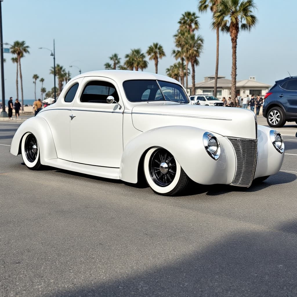 AI generated: Metallic White 1940 Ford Coupe lowrider, with vintage black spoke wheels and whitewall tires, parked...