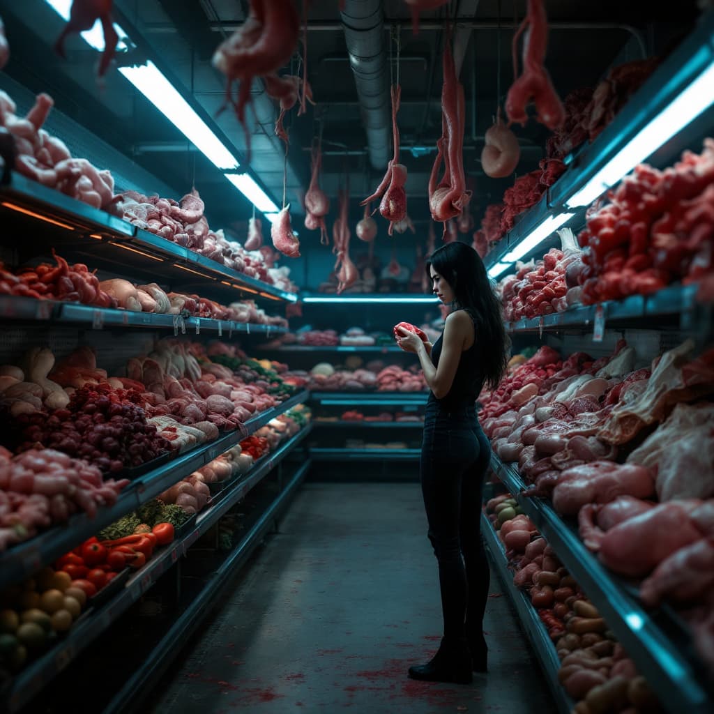 AI generated: imagine a grocery store's vegetable section, standing woman, full body, spooky, melancolía, shelves ...