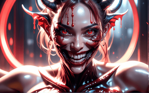 AI generated: Portrait of demon woman with creepy smile, blood oozing from her mouth, red eyes, glare pose, detail...