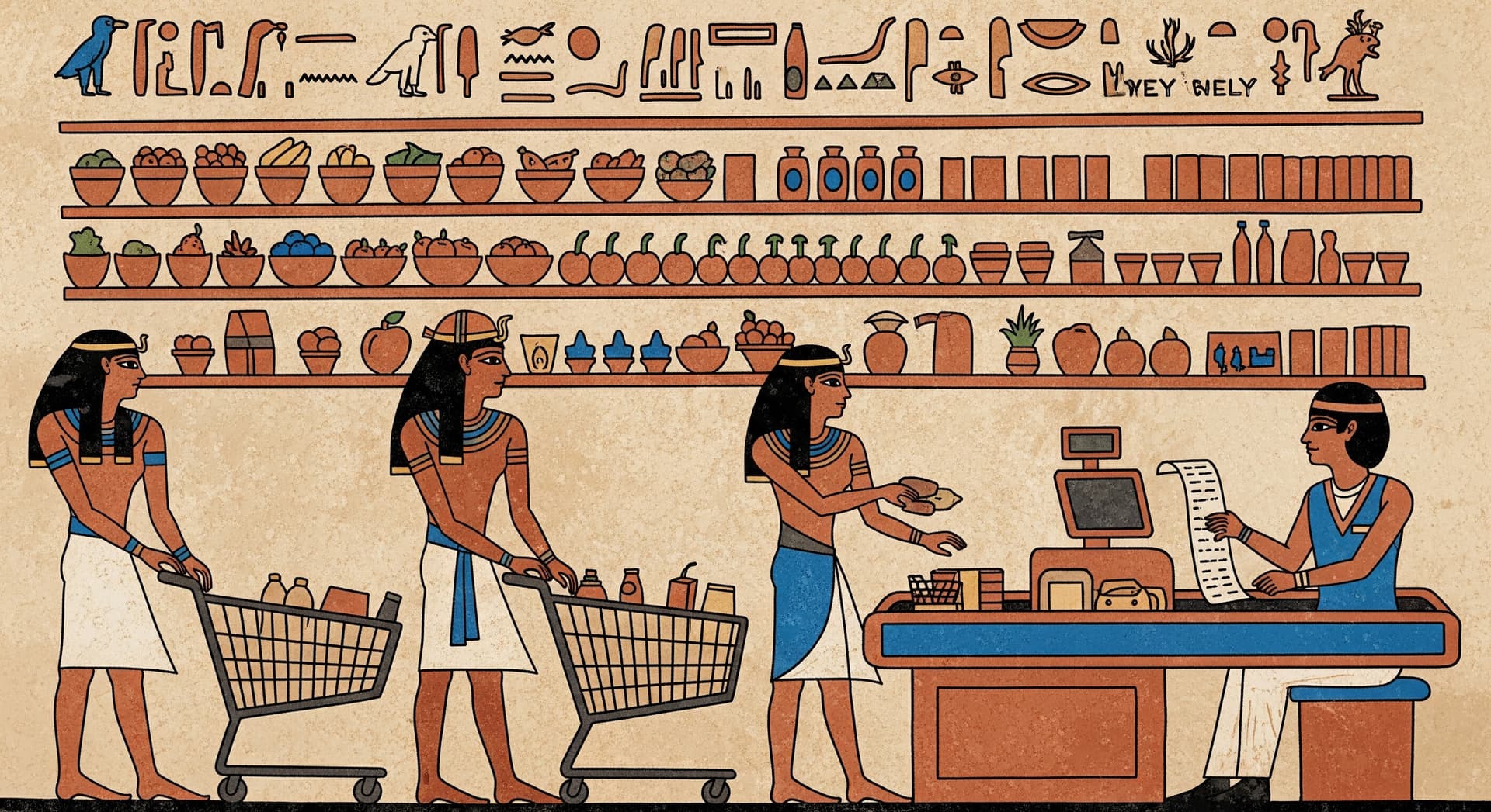 AI generated: A chaotic weekly shopping scene in a discount supermarket, depicted in the style of an Ancient Egypt...