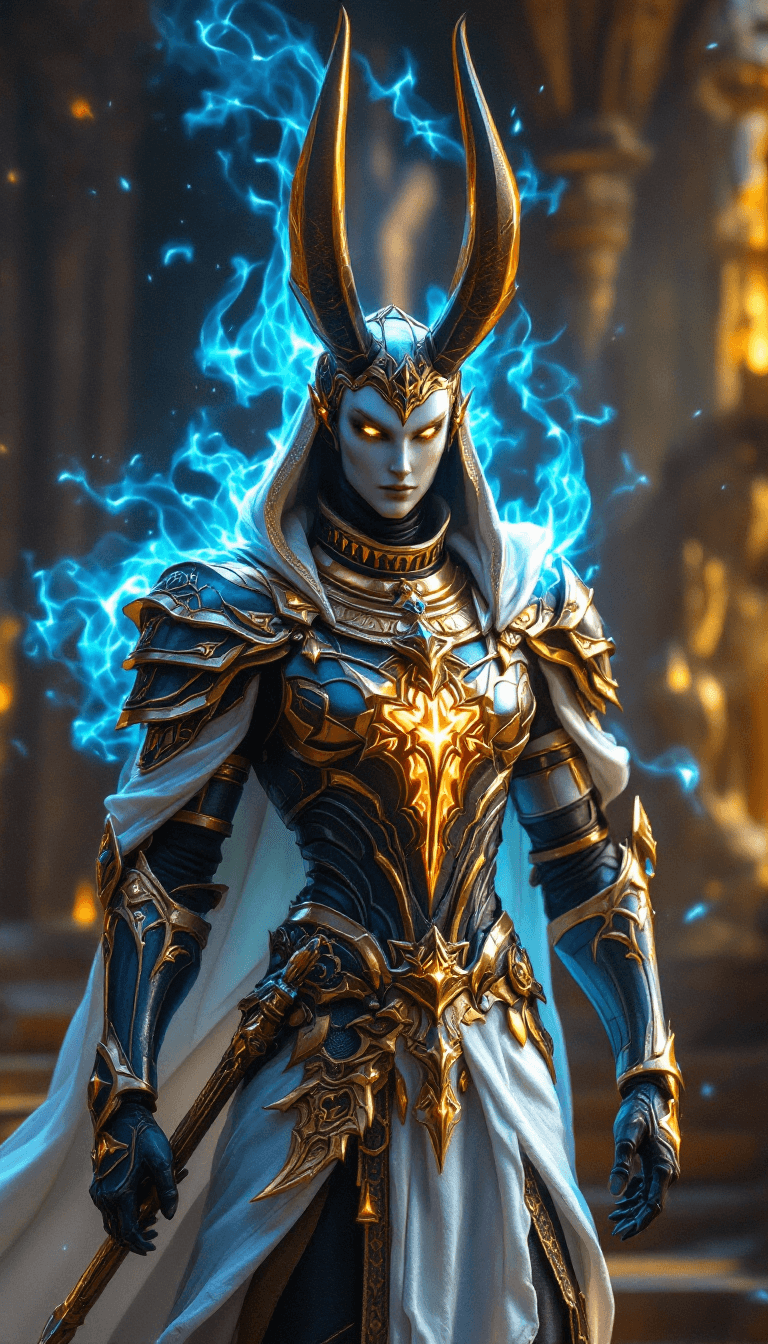 AI generated: Anubis, fantasy light armor withe many accessories and detailles, beauty, 4k, ultra hd, god, mystic 