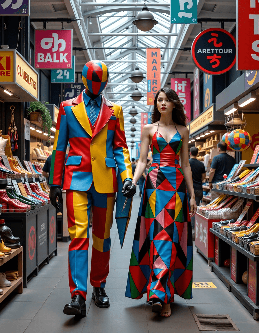 AI generated: The "Cubist Creator" (colorful, fragmented geometric artist statue) and the "Living Art Woman" (real...