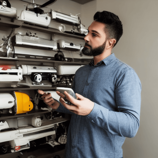 AI generated: man looking at robots, drones, cars, gadgets, at home, security