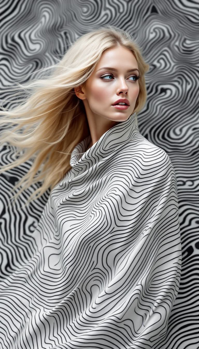 AI generated: An image of  a woman with flowing blonde hair and fair skin. She has a serene expression and is gazi...