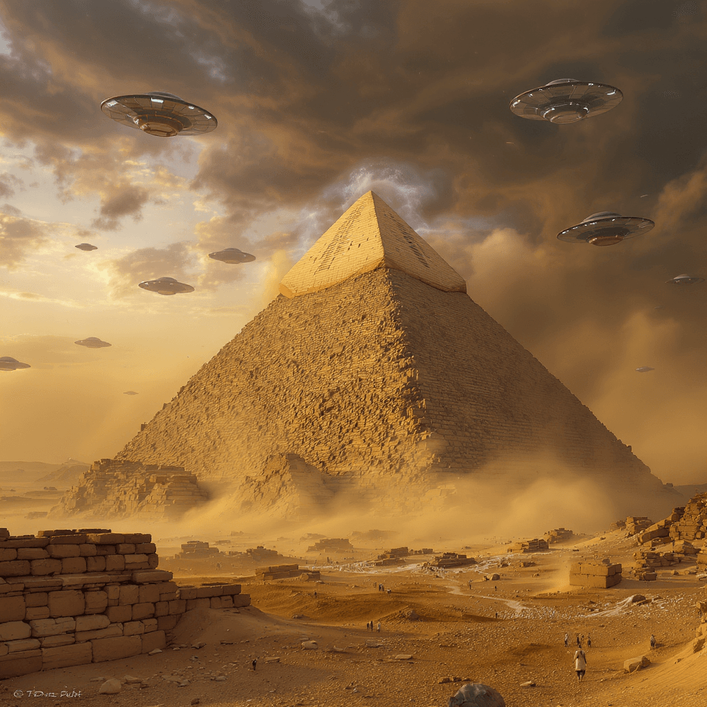 AI generated: The pyramid of Khufu took off in place. People flee in terror and there were many flying saucers wai...