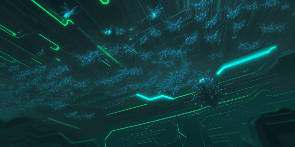AI generated: Midrange photo of glowing swarm of technological flying small insects, cool, cyberpunk, blue and gre...