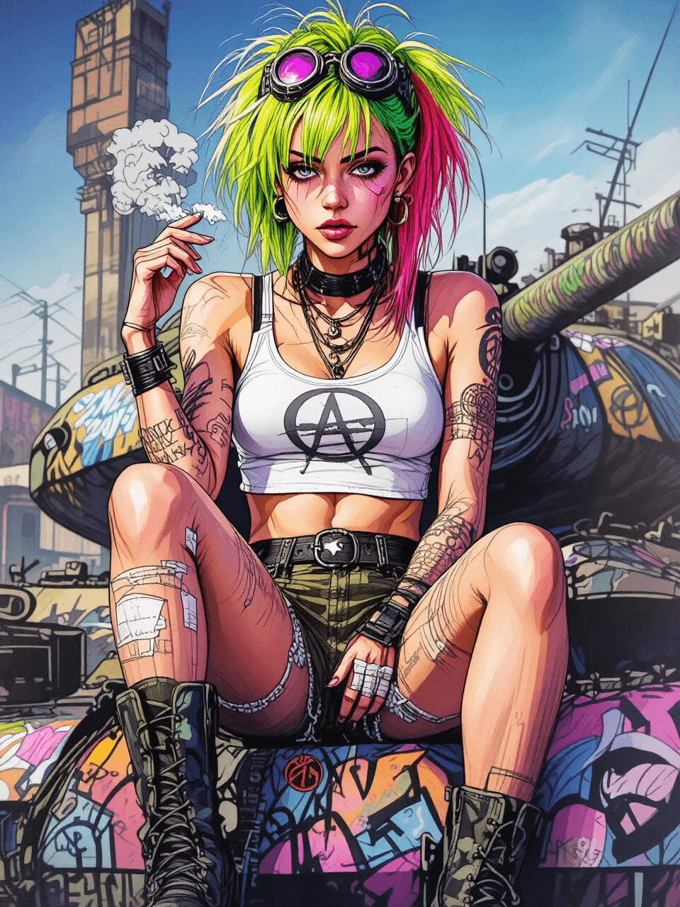 AI generated: vibrant, full color stylized illustration of Tank Girl in the style of Jamie Hewlett, she is sitting...