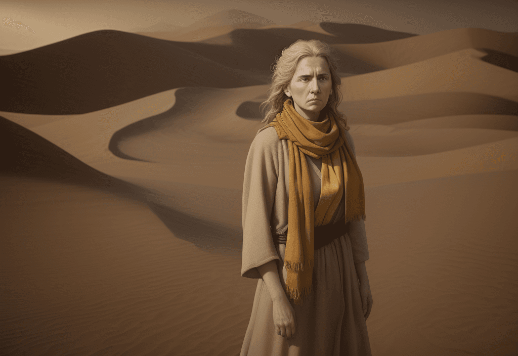 AI generated: a woman wearing a yellow scarf, in the style of biblical drama, light brown and amber, desertwave, a...