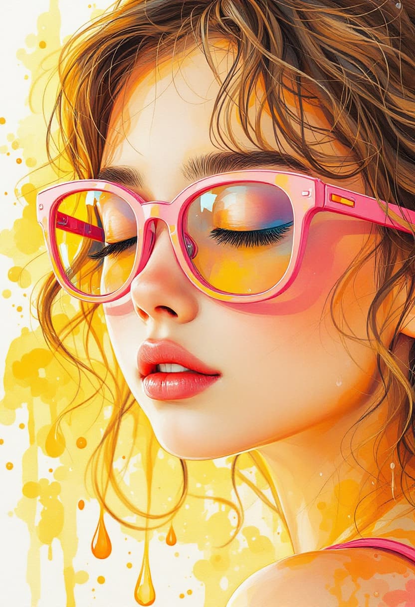 AI generated: a 5 years old pretty girl with brown blond slightly curly hair with eyes closed using a pink eyeglas...