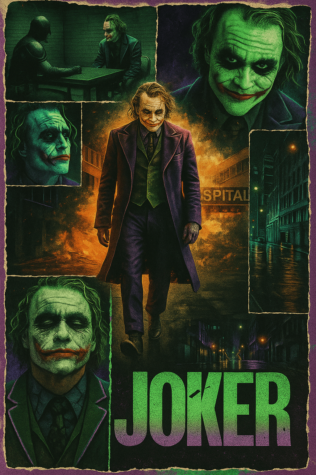 AI generated: A retro vintage collage design of Heath Ledger as the Joker. The central image shows him walking in ...
