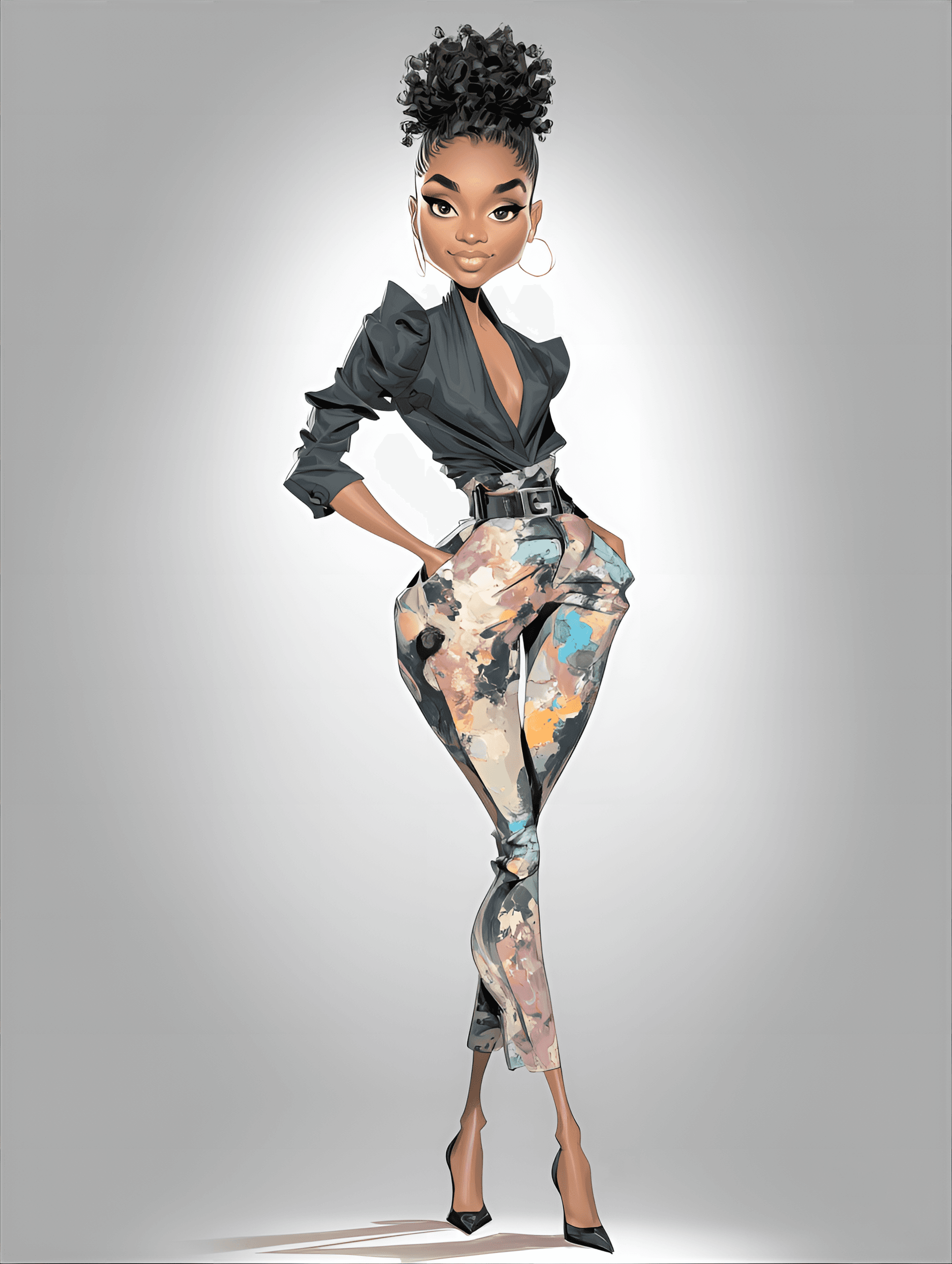 AI generated: funny caricature, fashion-forward tall woman caricature, young african female, 28 years old, very ta...