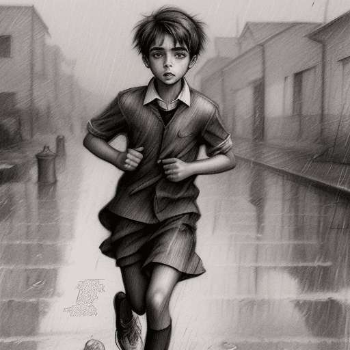 AI generated: An expressionist charcoal sketch, a drawing of a boy wearing his school uniform. running in the rain