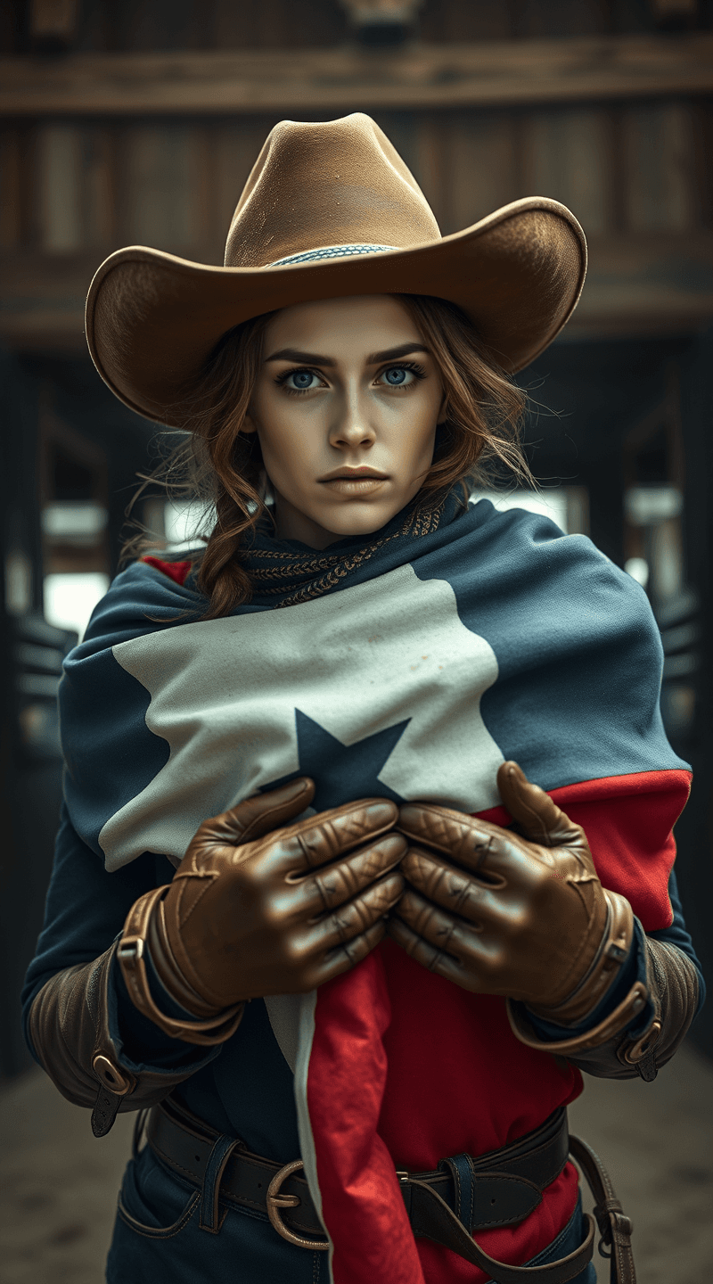 AI generated: DSLR photo of Samara Weaving as a bull rider, wearing authentic wornout brown leather hat, challengi...