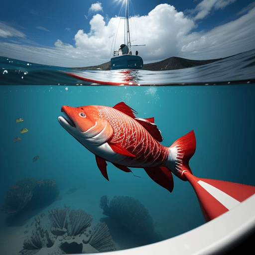 AI generated: fishing inflatable boat on water, the propeller is spinning, view from underwater, the red fish is t...