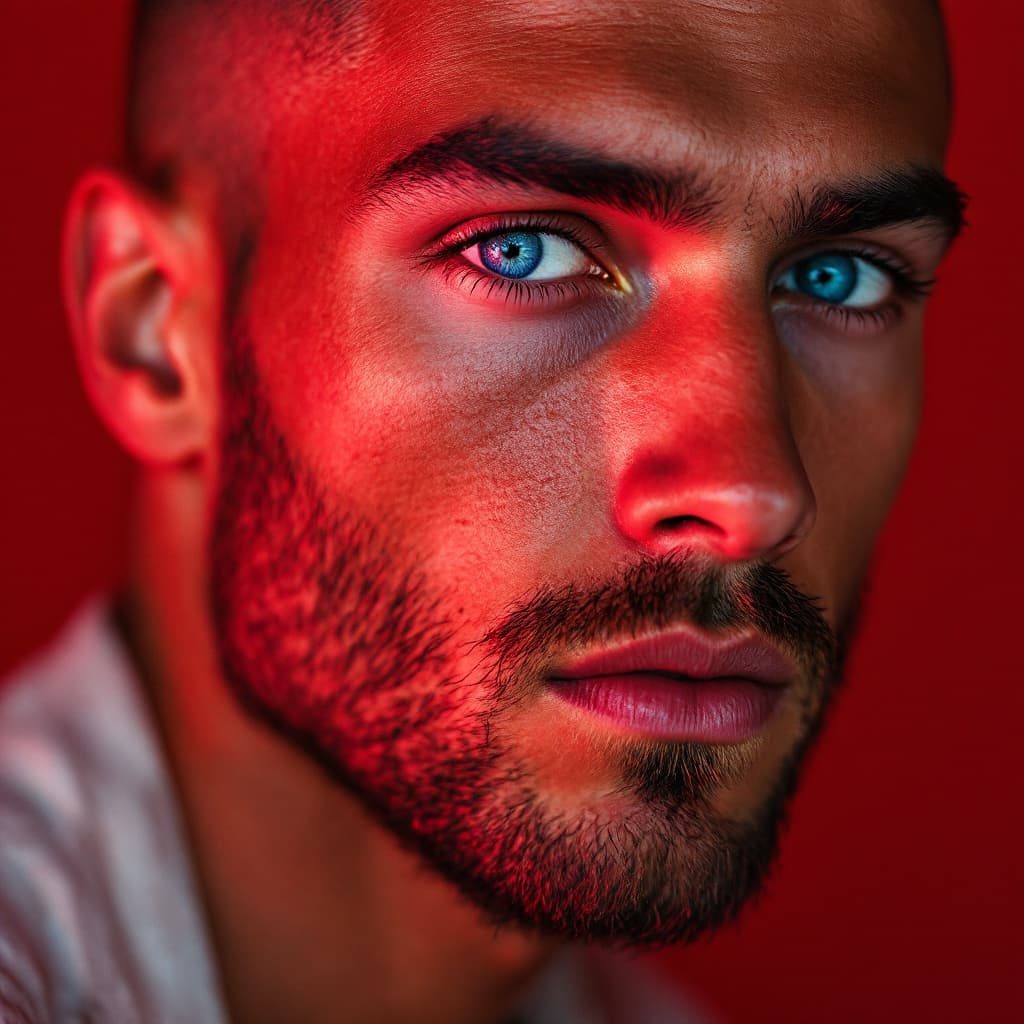 AI generated: photography, red hue, man model, solid red backdrop, blue eyes detailing, using a camera setup that ...