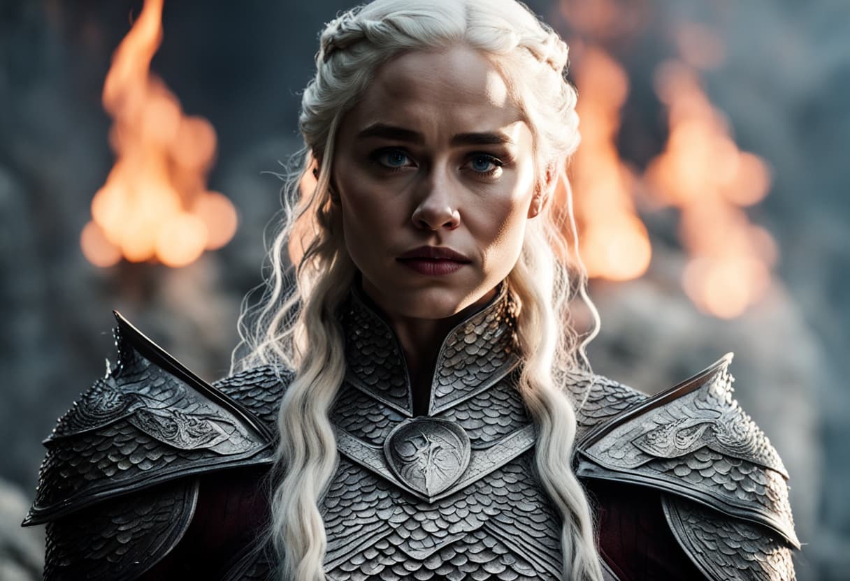 AI generated: Game of thrones movie still of Emilia Clarke as Daenerys Targaryen, in stunning armor of dragon scal...