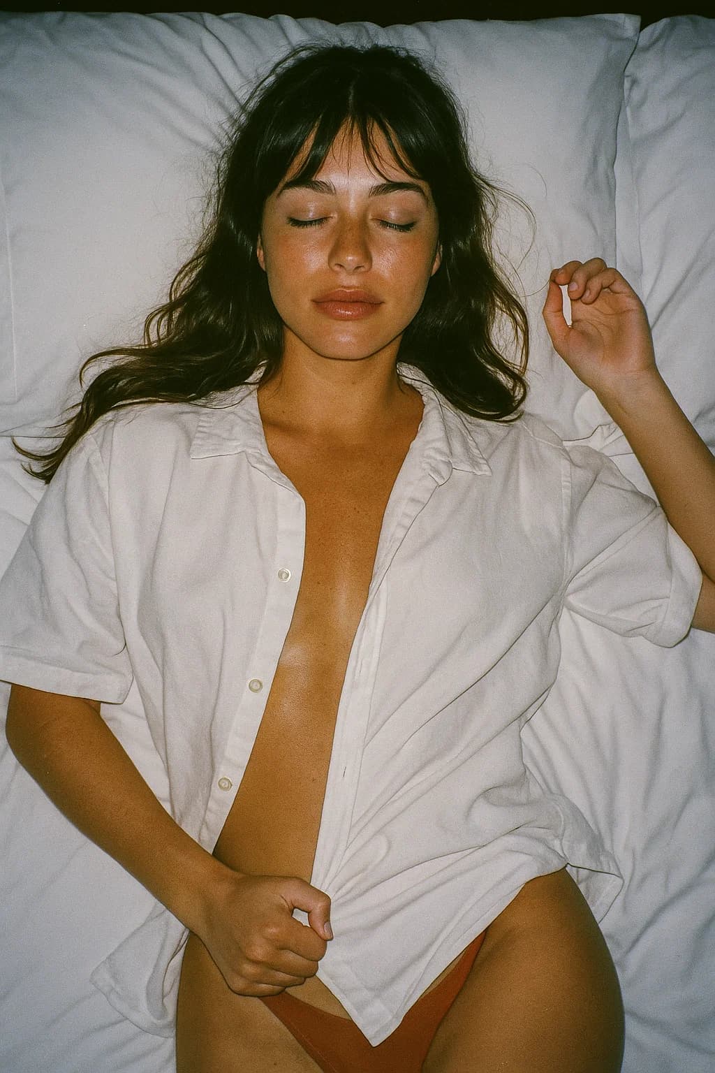 AI generated: Grainy late-1990s digicam snapshot of a young woman in her early 20s, captured in a raw, candid ever...