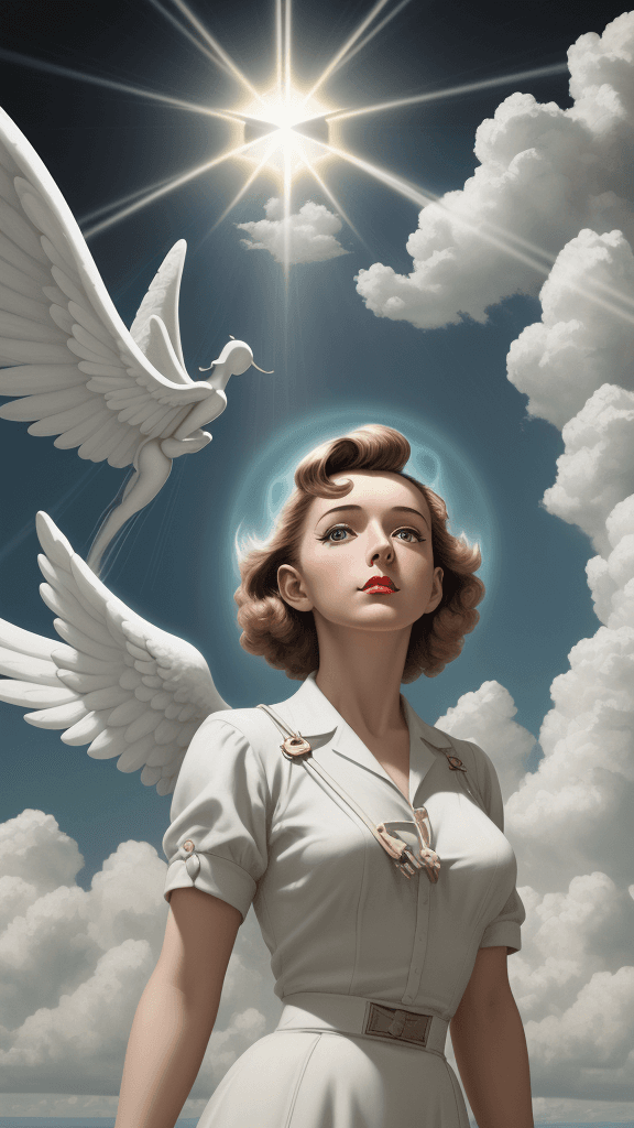 AI generated: (who said a angel has a halo), (Ultra high res), Clouds, sunbeams, Modernist Simplicity, 1940s Propa...