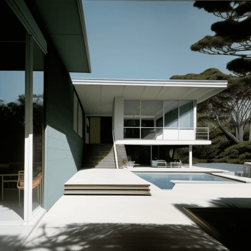 AI generated: Hyper realistic eye level exterior photo of a mid century modern style house overlooking the ocean, ...