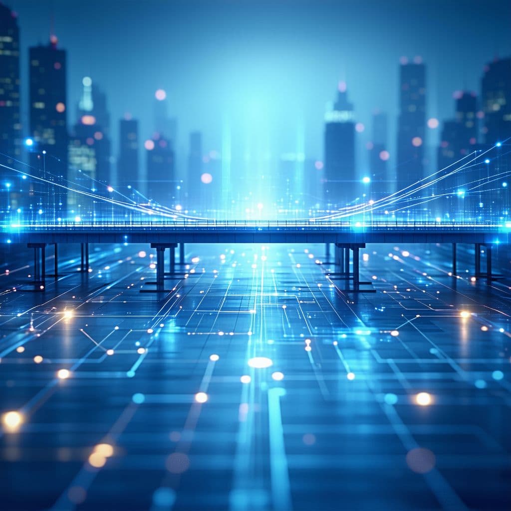 AI generated: Sleek one-pager corporate design, abstract visual of a bridge made of glowing digital lines connecti...