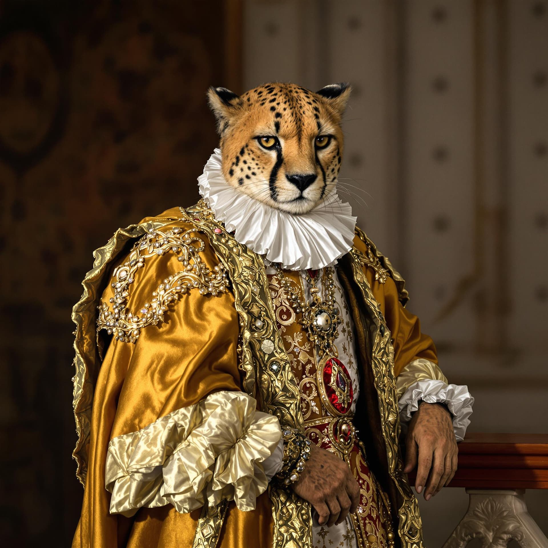 AI generated: Cheetah, renaissance costume, ruff collar, golden robe, studio portrait, noble demeanour, detailed e...