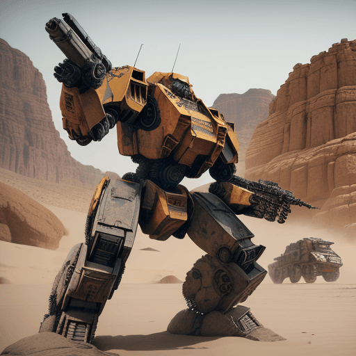 AI generated: mechwarrior with include driver ,same t-rex ,in desert with rocks and stones,machinegun in right han...