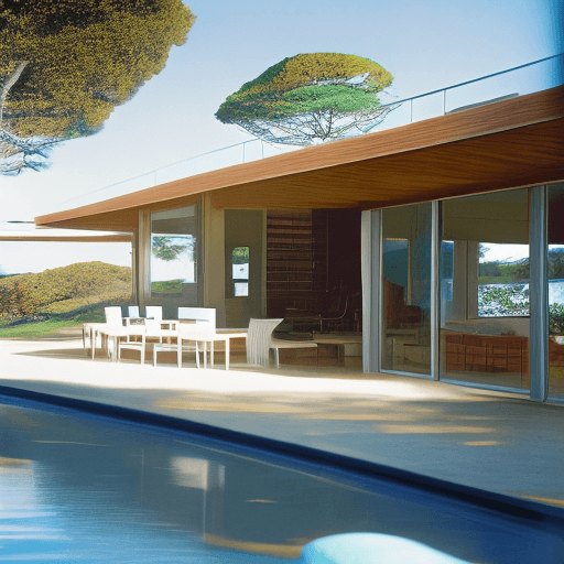 AI generated: Hyper realistic eye level exterior photo of a mid century modern style house overlooking the ocean, ...