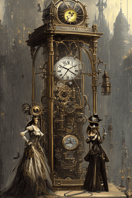 AI generated: time machine, haze, a woman in a steampunk outfit and a helmet on her head stands out of the time ma...
