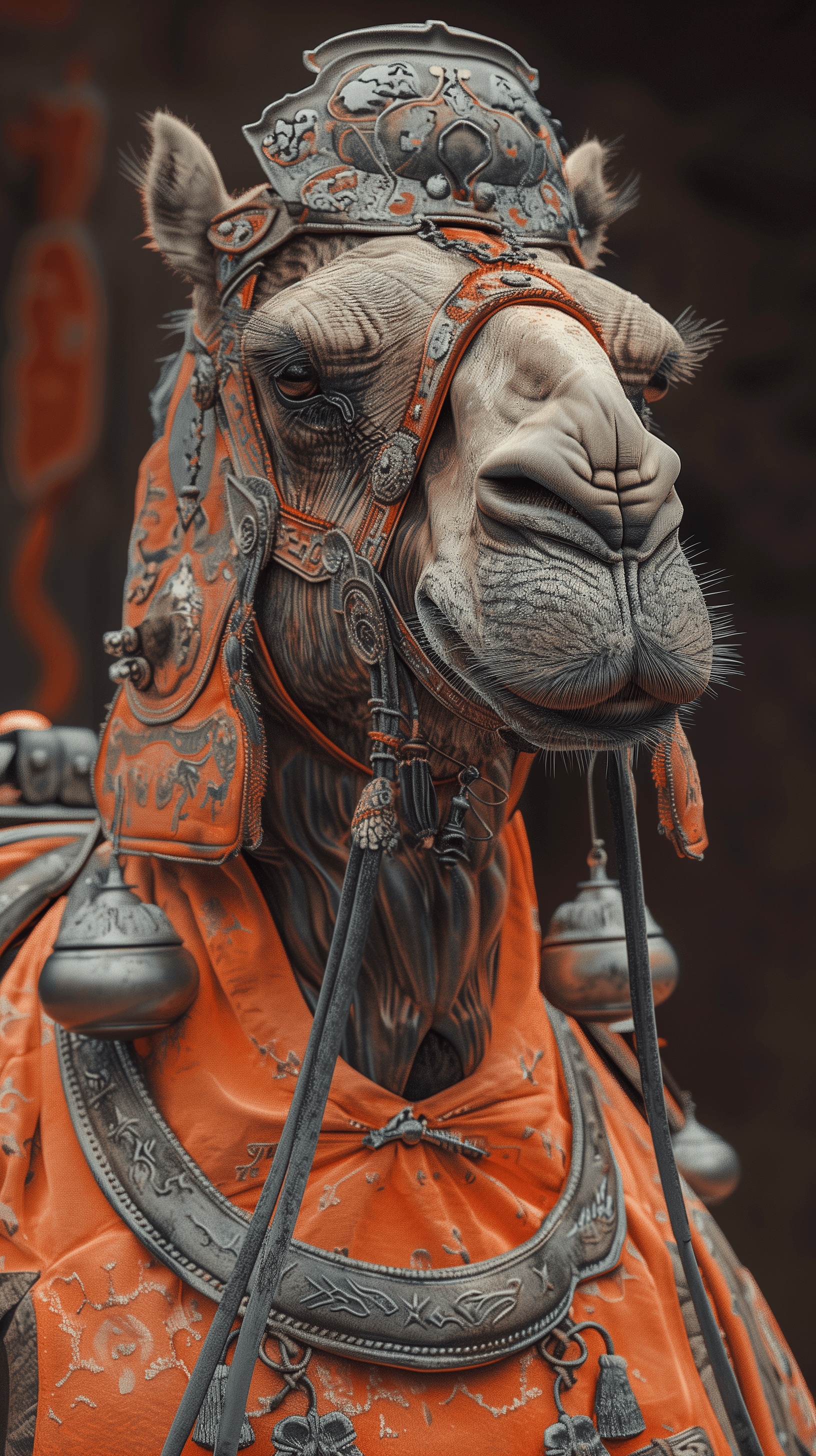 AI generated: A camel wearing Ancient Chinese orange and grey armour and helmet, standing in the Mausoleum of the ...