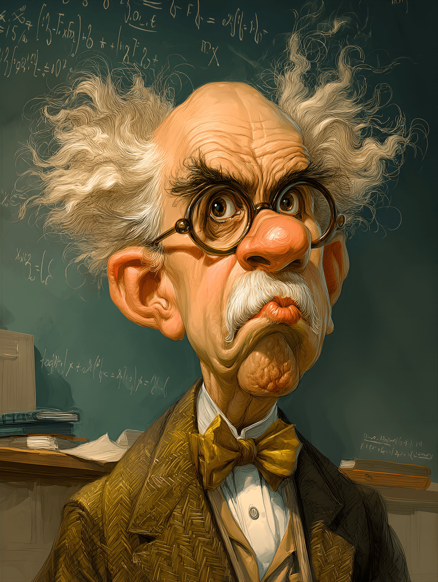 AI generated: funny caricature, absent-minded professor caricature, elderly european male, 60 years old, oversized...