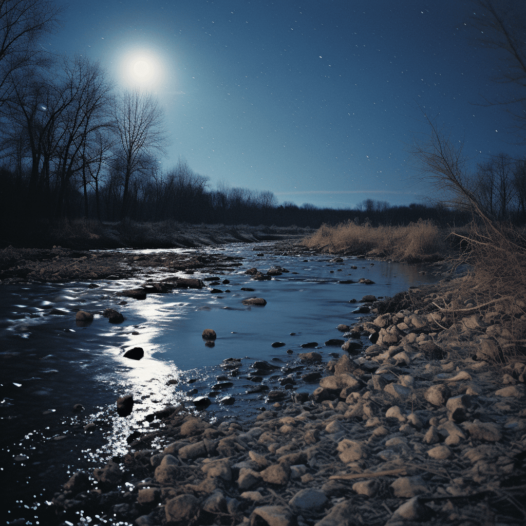 AI generated: Midnight sneak on hill rock river bank, full moon, Mysterious, pinpoint stars, Award - winning, port...