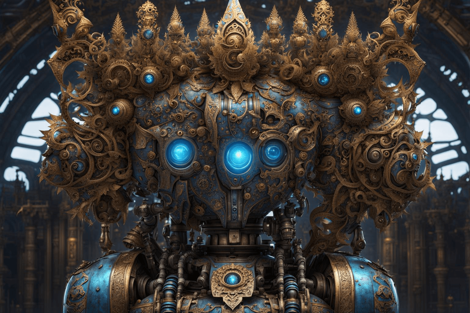 AI generated: extremely detailed CG unity 8k wallpaper, a robo queen from steel, intricate insanely ornate crown, ...