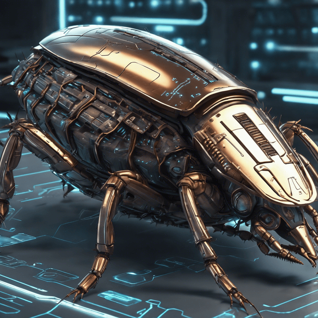 AI generated: Futuristic armored cockroach, sleek metal enhancements and glowing circuits, high-tech laboratory ba...