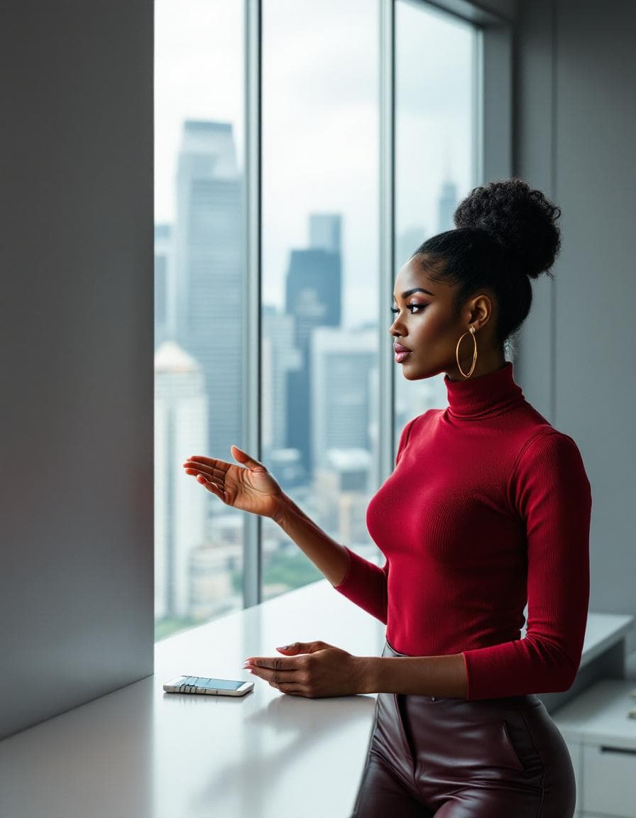 AI generated: Hyper-realistic photo of a gorgeous Afro-American receptionist woman, high bun dark hair, Gold hoop ...
