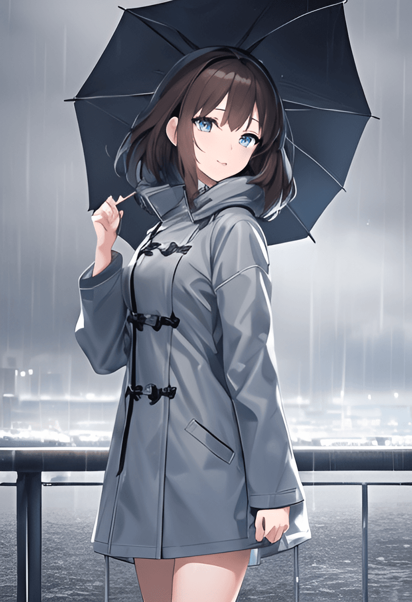 AI generated: An anime girl holding an umbrella in a storm, gray raincoat, (rain, wind, clouds), happy, hands out,...