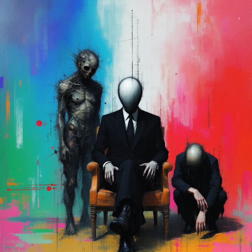 AI generated: A surreal, abstract artwork featuring three figures. The central figure is seated in a dark suit, wi...