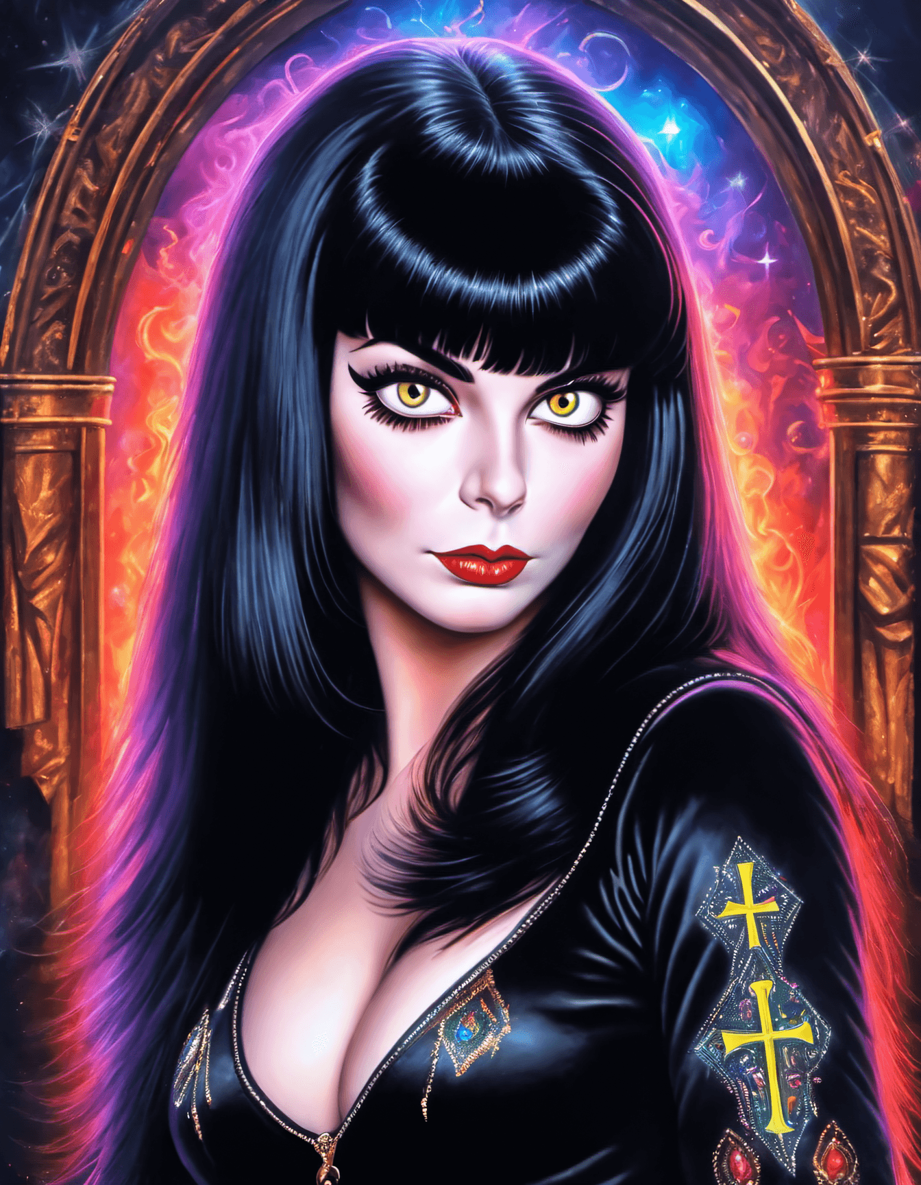 AI generated: Masterpiece, Best Quality, Kitschy black velvet painting , a teenage girl , Glowing colors, Elvira p...